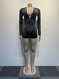 SUPER WHOLESALE | Rhinestone Beaded Back Zip Up Plunging Neck Romper