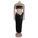 　SUPER WHOLESALE | Pu Material Zip Up Skirt with Buckle Bandeau in Black