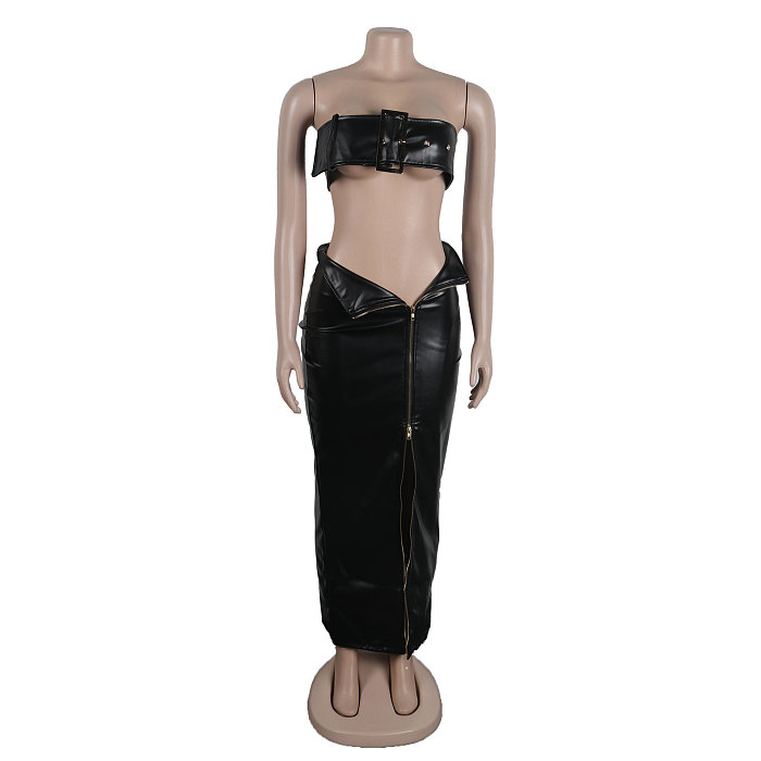 　SUPER WHOLESALE | Pu Material Zip Up Skirt with Buckle Bandeau in Black