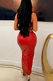 SUPER WHOLESALE | Pu Material Zip Up Skirt with Buckle Bandeau in Red