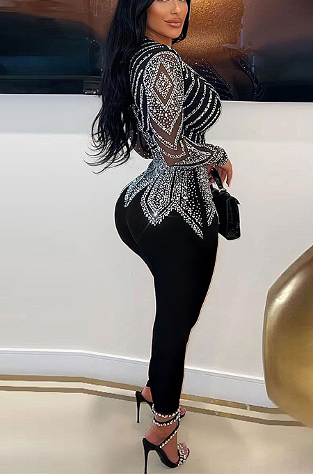 SUPER WHOLESALE | Rhinestone Beaded Back Zip Up Plunging Neck Jumpsuit