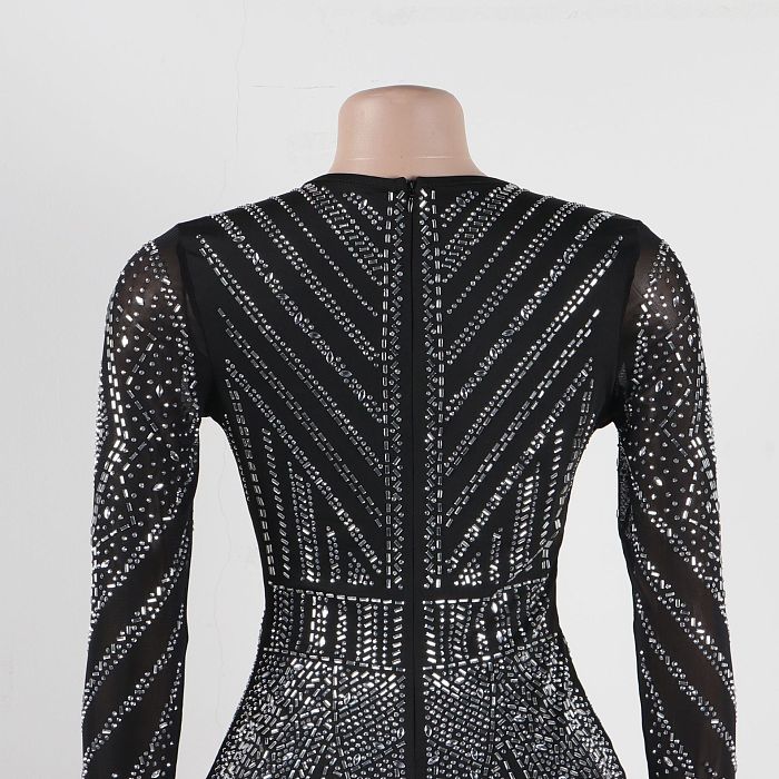 SUPER WHOLESALE | Rhinestone Beaded Back Zip Up Plunging Neck Romper