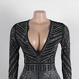 SUPER WHOLESALE | Rhinestone Beaded Back Zip Up Plunging Neck Jumpsuit