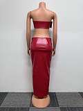 SUPER WHOLESALE | Pu Material Zip Up Skirt with Buckle Bandeau in Red