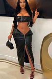 　SUPER WHOLESALE | Pu Material Zip Up Skirt with Buckle Bandeau in Black