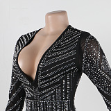 SUPER WHOLESALE | Rhinestone Beaded Back Zip Up Plunging Neck Romper
