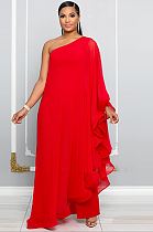 SUPER WHOLESALE | One Shoulder Patchwork Jumpsuit in Red