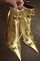 SUPER WHOLESALE | Pointed-toe, slender-heeled, metal-studded, low-cut ankle boots in Golden