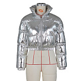 SUPER WHOLESALE | Shinning Fabric Turtle Neck Down Coat in Silver