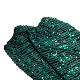 Sequins Back Zip Up Plunging Neck Long Dress in Green