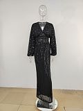 Sequins Back Zip Up Plunging Neck Long Dress in Black