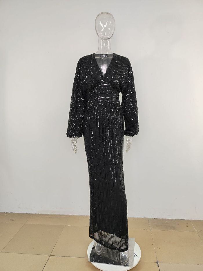 Sequins Back Zip Up Plunging Neck Long Dress in Black
