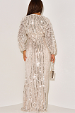 Sequins Back Zip Up Plunging Neck Long Dress in Beige