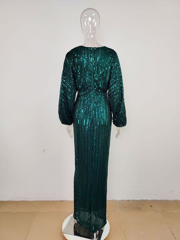Sequins Back Zip Up Plunging Neck Long Dress in Green