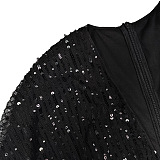 Sequins Back Zip Up Plunging Neck Long Dress in Black