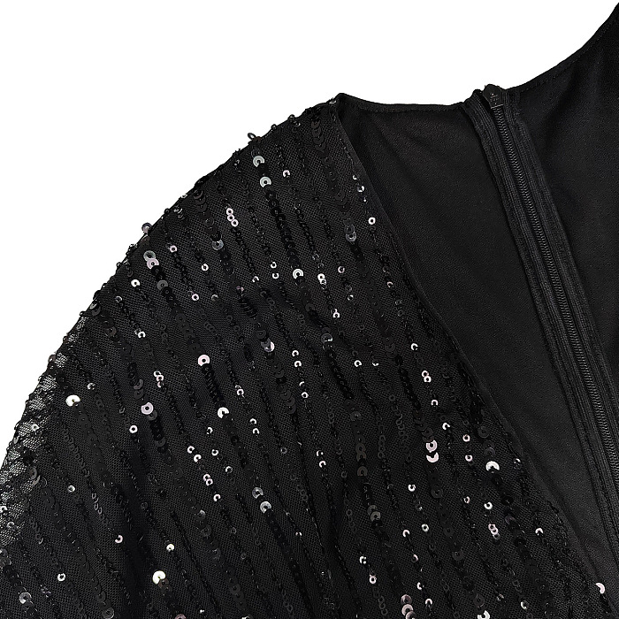 Sequins Back Zip Up Plunging Neck Long Dress in Black