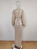 Sequins Back Zip Up Plunging Neck Long Dress in Beige