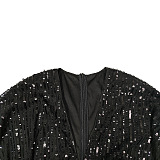 Sequins Back Zip Up Plunging Neck Long Dress in Black