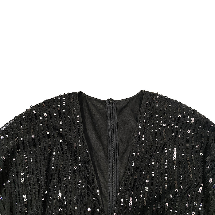Sequins Back Zip Up Plunging Neck Long Dress in Black