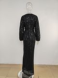 Sequins Back Zip Up Plunging Neck Long Dress in Black