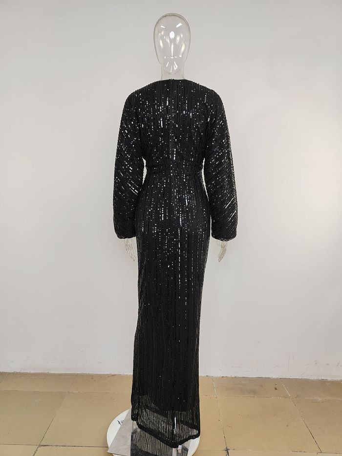 Sequins Back Zip Up Plunging Neck Long Dress in Black