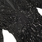 Sequins Back Zip Up Plunging Neck Long Dress in Black