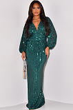 Sequins Back Zip Up Plunging Neck Long Dress in Green