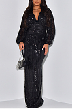 Sequins Back Zip Up Plunging Neck Long Dress in Black