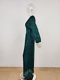Sequins Back Zip Up Plunging Neck Long Dress in Green