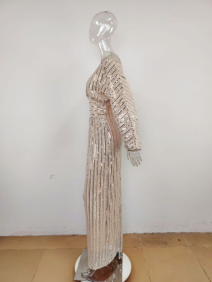 Sequins Back Zip Up Plunging Neck Long Dress in Beige