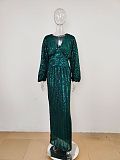 Sequins Back Zip Up Plunging Neck Long Dress in Green