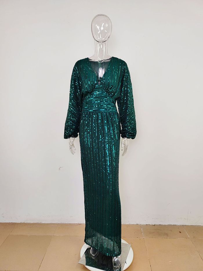 Sequins Back Zip Up Plunging Neck Long Dress in Green