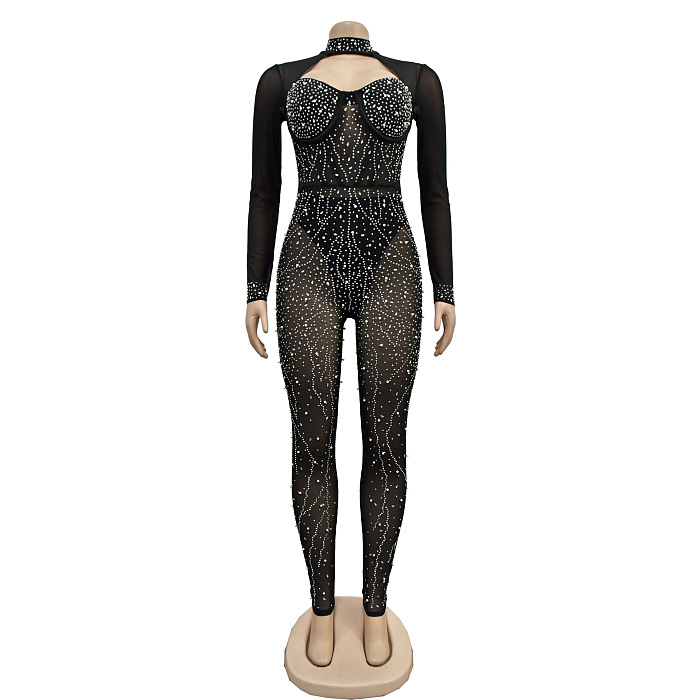 Rhinestone Deco Hollow-Out Jumpsuit