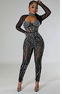 Rhinestone Deco Hollow-Out Jumpsuit