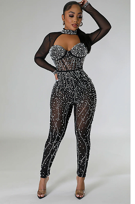 Rhinestone Deco Hollow-Out Jumpsuit
