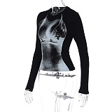 SUPER WHOLESALE | Printed Long Sleeve T-shirt Top in Black