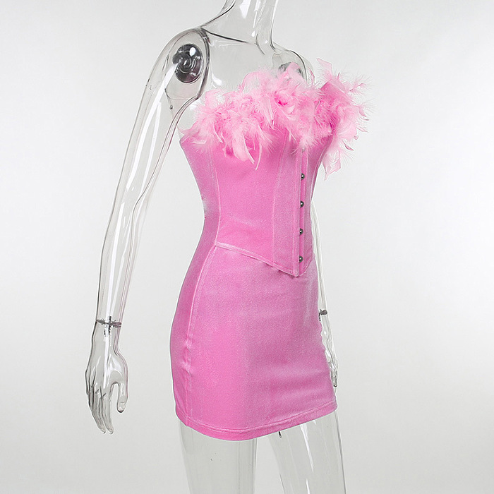 SUPER WHOLESALE | Feather Hem Bandeau Mini Dress