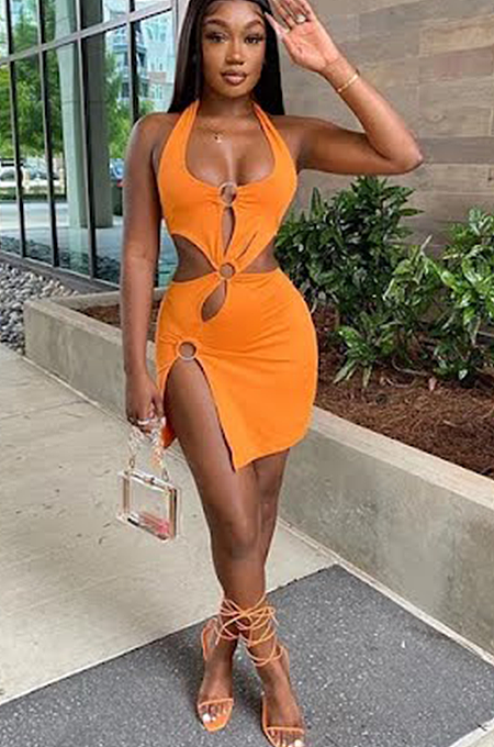 SUPER WHOLESALE | Hollow-out Halter Dress with Ring Deco