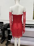 SUPER WHOLESALE | Lace Patchword Mini Party Dress with Glove