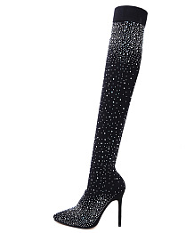WHOLESALE | Elastic Rhinestone Deco Knee High Boots in Black