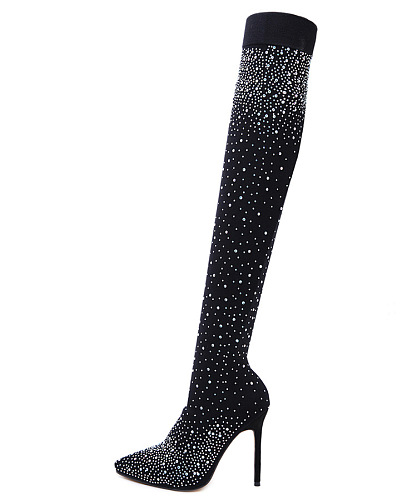 WHOLESALE | Elastic Rhinestone Deco Knee High Boots in Black