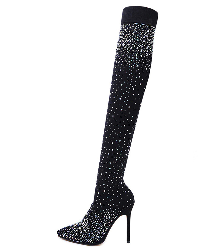 WHOLESALE | Elastic Rhinestone Deco Knee High Boots in Black