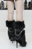 Furry Ankel Top Boots with Chain Deco in Black