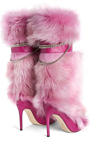 Furry Ankel Top Boots with Chain Deco in Rose Red
