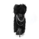 Furry Ankel Top Boots with Chain Deco in Black