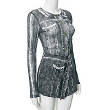 SUPER WHOLESALE | Fake Denim Bodysuit and Skirt Set