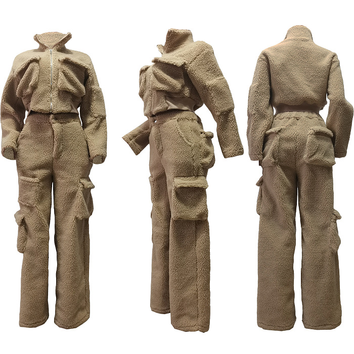 SUPER WHOLESALE | Chenille Big Pockets Pants Set in Apricot