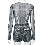 SUPER WHOLESALE | Fake Denim Bodysuit and Skirt Set