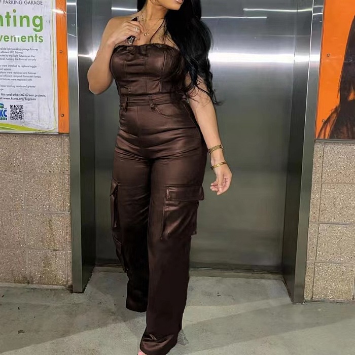 SUPER WHOLESALE | Pu Material Jumpsuit with Pockets