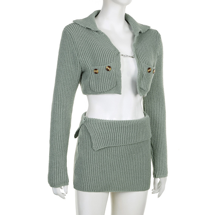 SUPER WHOLESALE | Knitted Skirt Set with Chain Decor